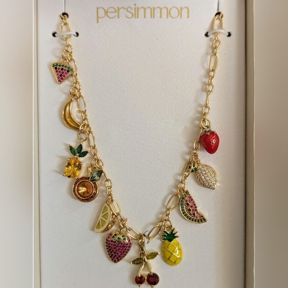 🍒🔹️ Persimmon🔹️ Gold Tone Charm 16" Necklace with Colorful Fruit Accents - Picture 1 of 7